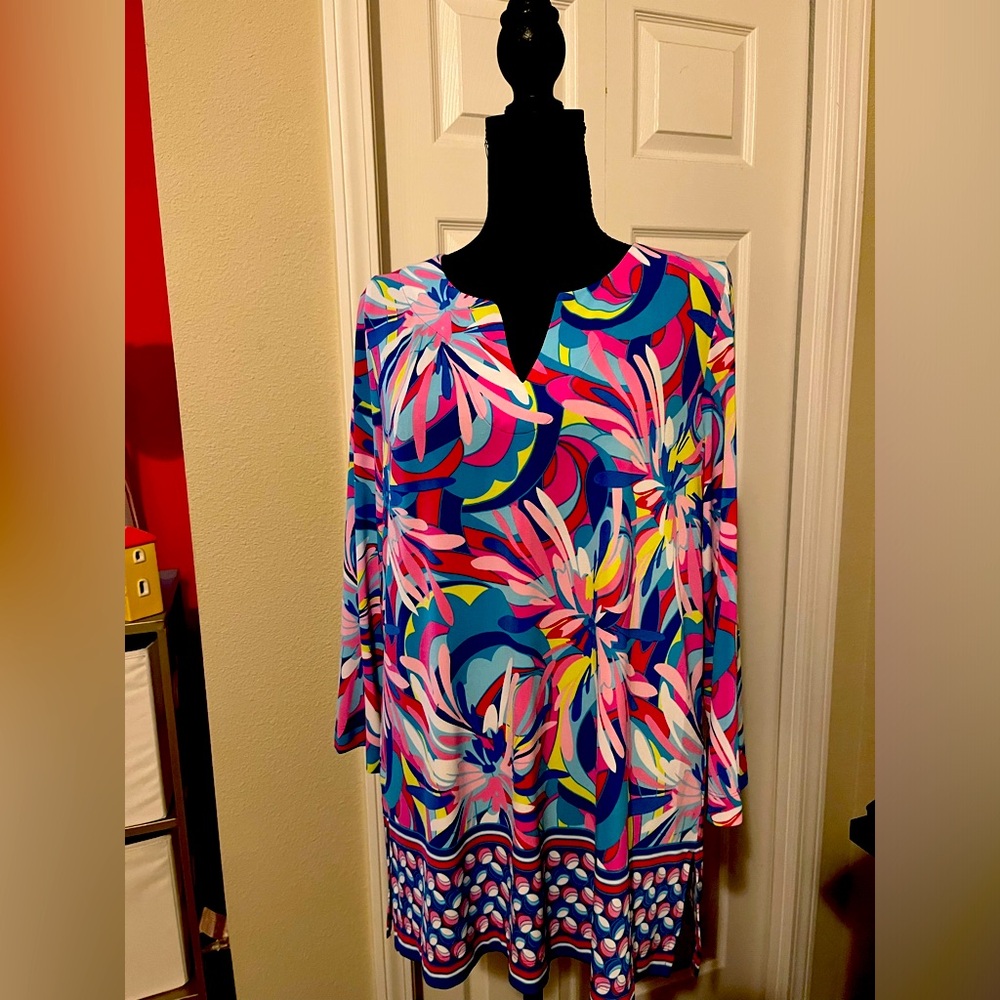 EUC Pappagallo multicolor tropical tunic liquid knit wrinkle free Large resort